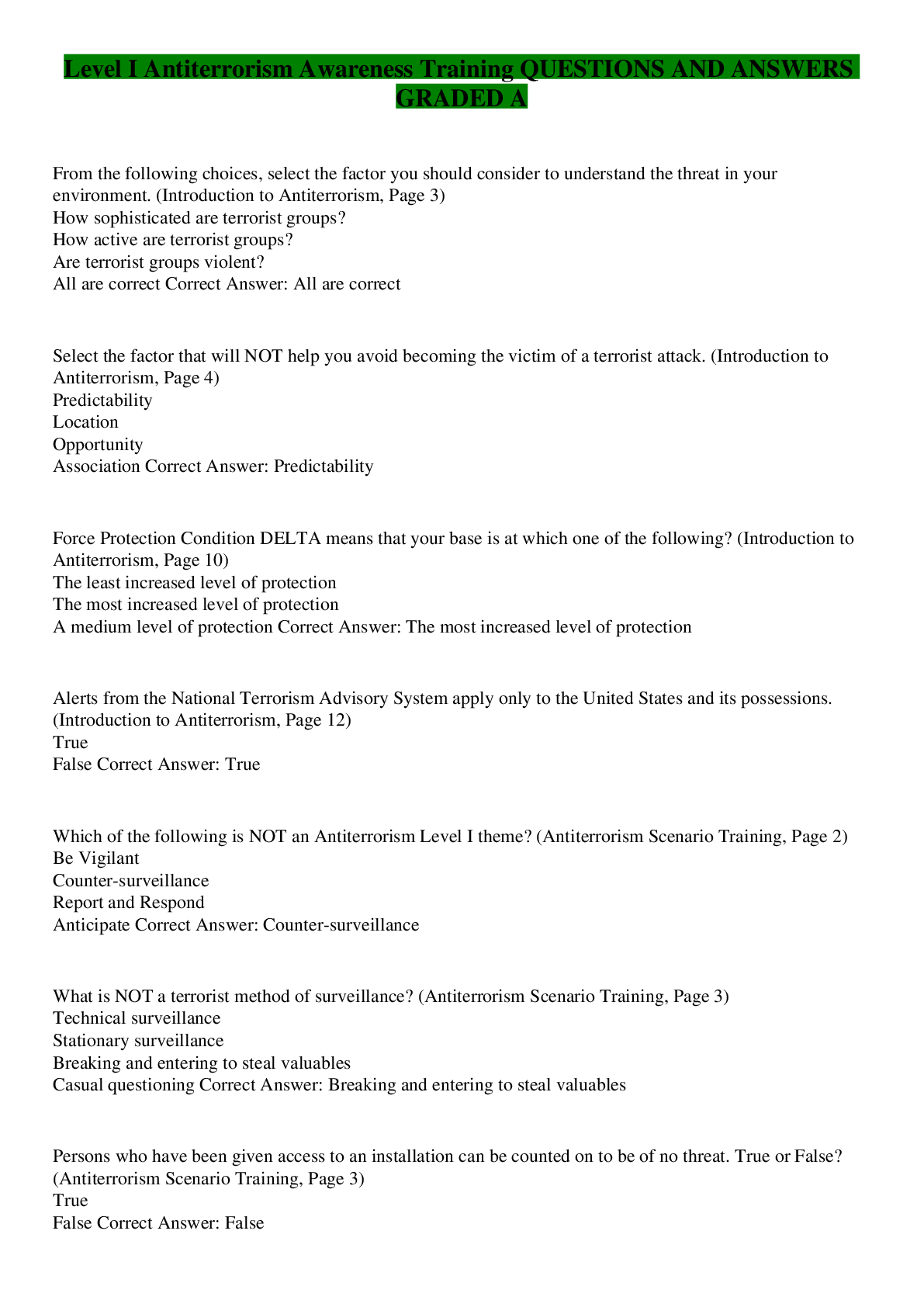 JS-US007-14 - Level I Antiterrorism Awareness Training Questions And